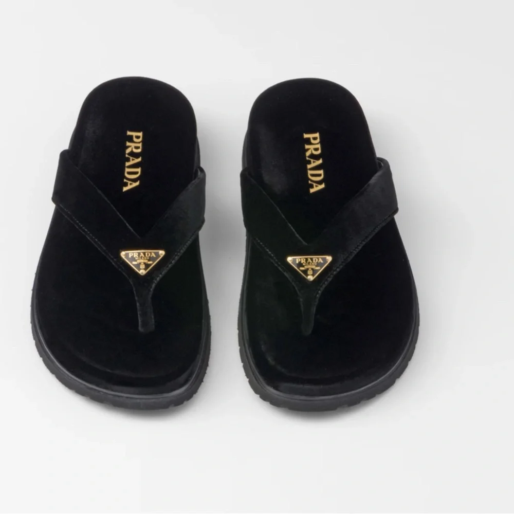 New Prada Black Velvet thong flip-flops Size 40.5 (US 10.5) - Picture 2 of 14